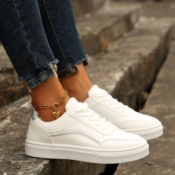 Lace-up White Flats Shoes Fashion Round Toe Slip-on Thick Sole Casual Shoes For Women - Image 2