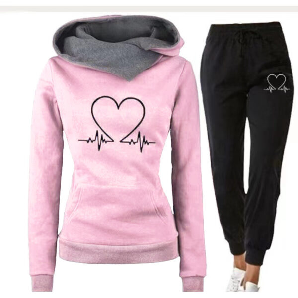 Love Heart Printed Sports Suit Hooded Sweatshirt Top And Drawstring Pants Fashion Casual Clothing For Women - Image 5