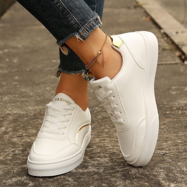 Lace-up White Flats Shoes Fashion Round Toe Slip-on Thick Sole Casual Shoes For Women - Image 3